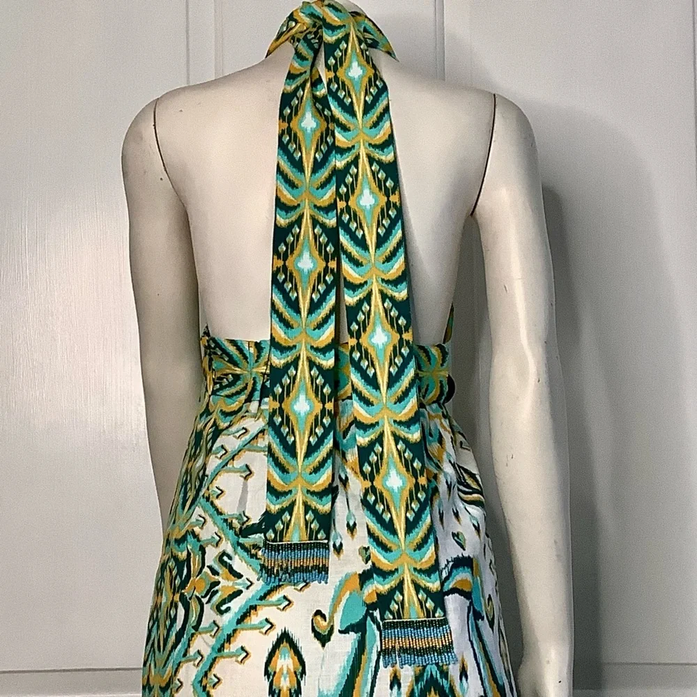 FARM RIO Blue/Greens & Cream Beads Tropical Tapestry Linen Halter Maxi Sundress - Picture 11 of 16